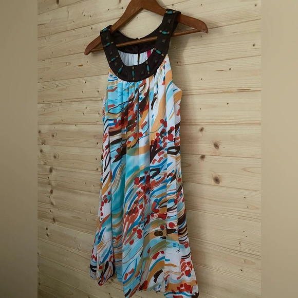 HEART SOUL Women's Small Multi-Watercolor Splash Beaded Collar Bubble Hem Dress - Picture 2 of 9